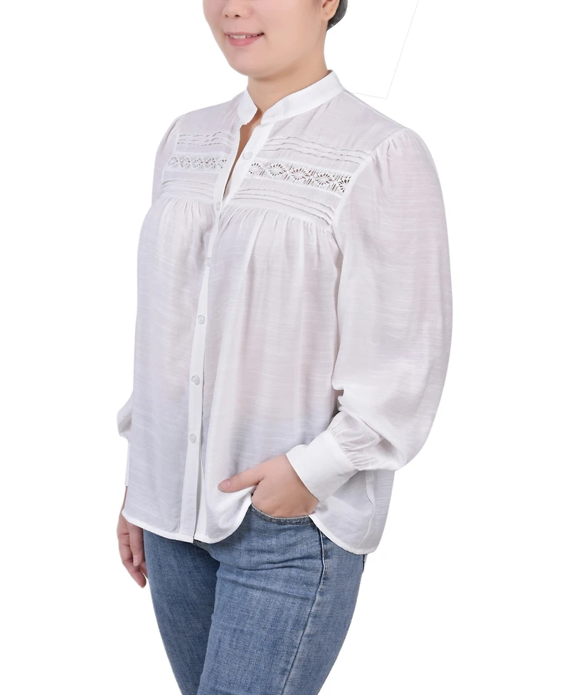 Ny Collection Petite Crochet Long Sleeve Blouse