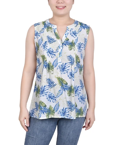 Ny Collection Petite Sleeveless Printed Pintucked Blouse