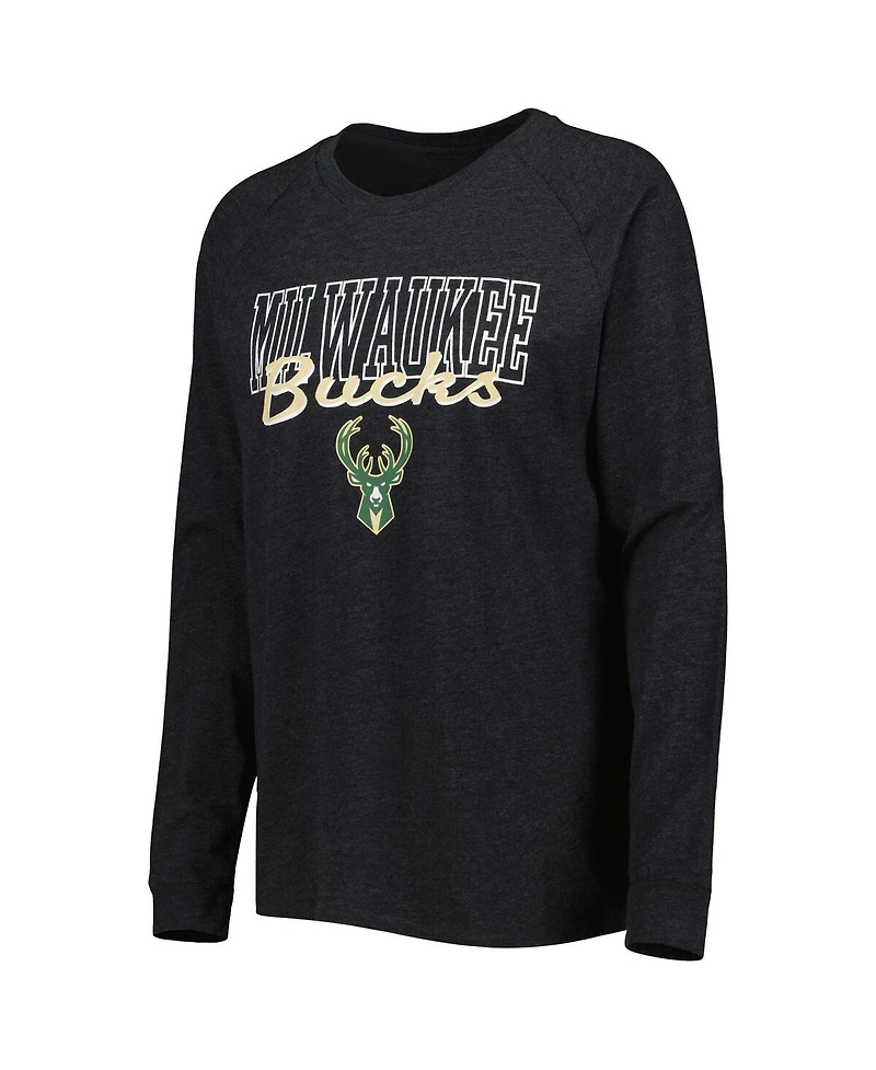 Women's Concepts Sport Heather Black, Heather Hunter Green Milwaukee Bucks Team Raglan Long Sleeve T-shirt and Shorts Sleep Set