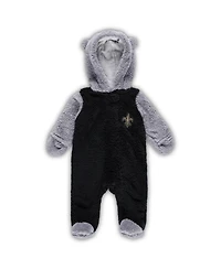 Newborn and Infant Boys Girls Black, Gray New Orleans Saints Game Nap Teddy Fleece Bunting Full-Zip Sleeper