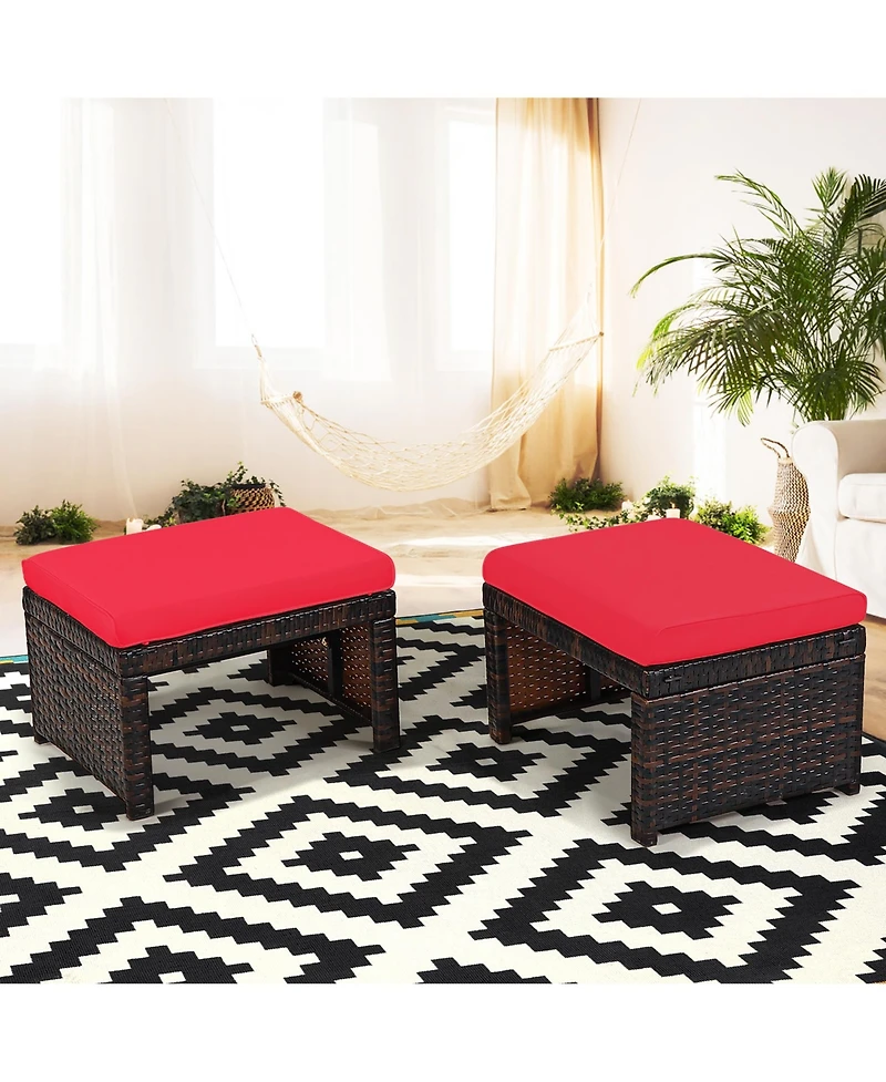 Costway 2PCS Patio Rattan Ottoman Cushioned Seat Foot Rest Furniture