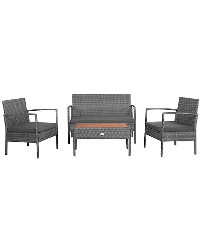 4PCS Patio Rattan Furniture Set Cushioned Chair Wooden Tabletop