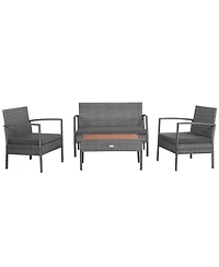 4PCS Patio Rattan Furniture Set Cushioned Chair Wooden Tabletop