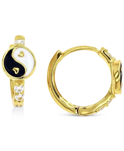 Cubic Zirconia & Enamel Yin Yang Small Hoop Earrings, 0.51"