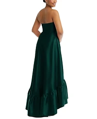 Alfred Sung Women's Strapless Deep Ruffle Hem Satin High Low Dress with Pockets
