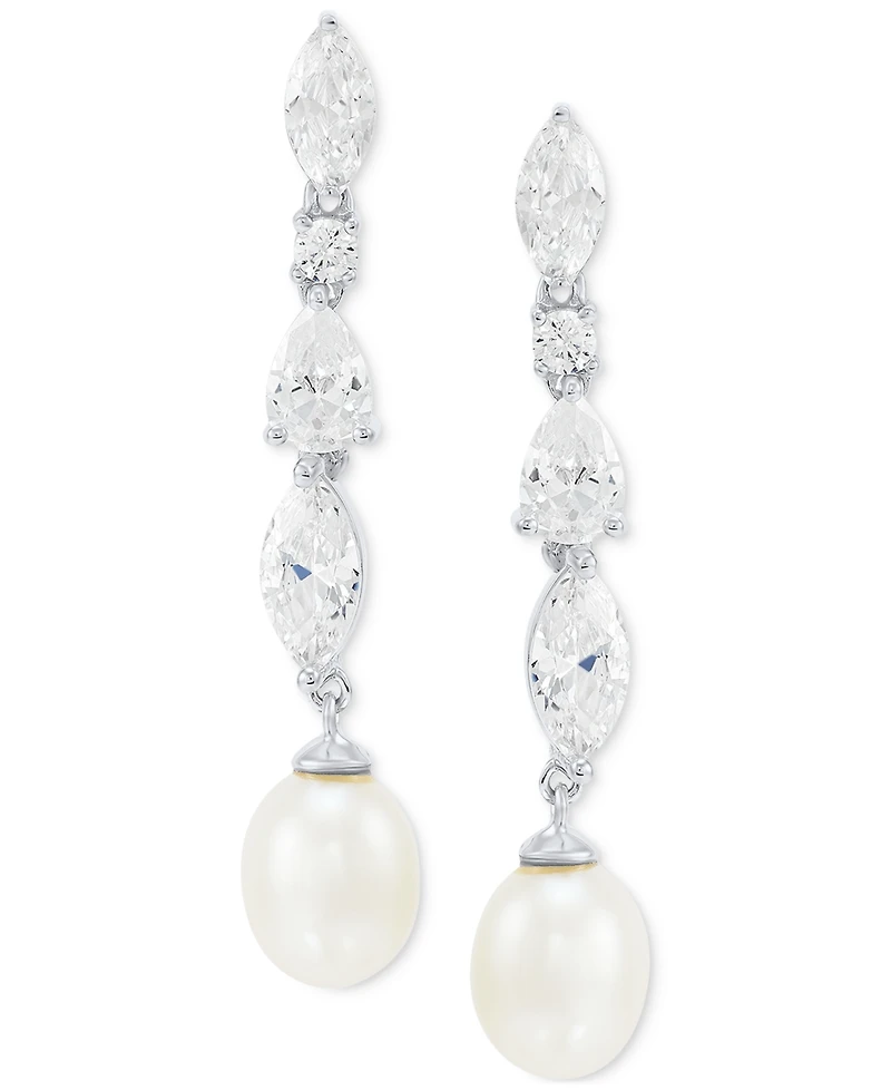 Arabella Cultured Freshwater Pearl (9 x 7mm) & Cubic Zirconia Drop Earrings in Sterling Silver, Created for Macy's