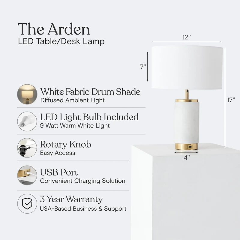 Arden Modern Led Marble and Gold Table Lamp (17" ) with Usb Port - Light Bulb Included