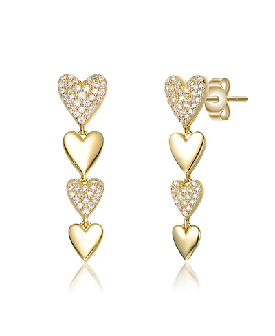 Sterling Silver 14k Yellow Gold Plated with Cubic Zirconia Double Stampato Heart Dangle Earrings
