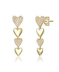Sterling Silver 14k Yellow Gold Plated with Cubic Zirconia Double Stampato Heart Dangle Earrings
