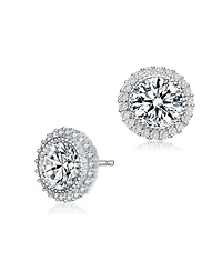 Sterling Silver Round Cubic Zirconia Milgrain Set Halo Stud Earrings