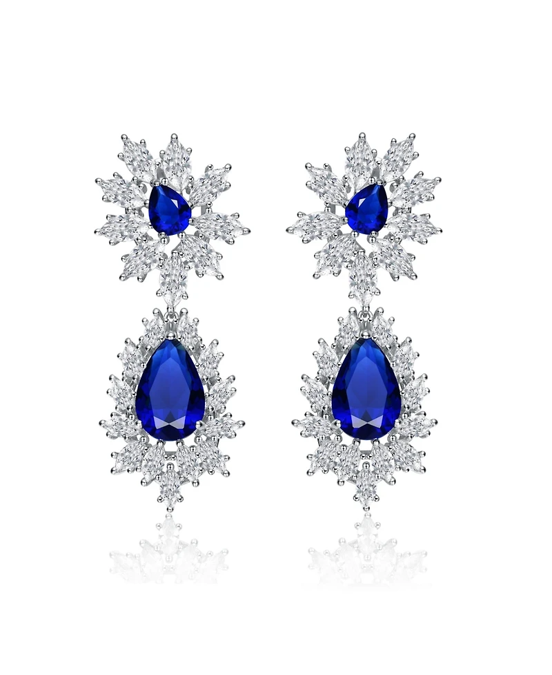 Sterling Silver White Gold Plated with Clear, Green, Blue, or Light Blue Cubic Zirconia Drop Earrings