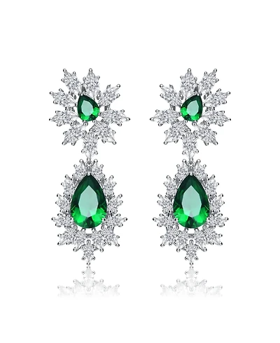 Sterling Silver White Gold Plated with Clear, Green, Blue, or Light Blue Cubic Zirconia Drop Earrings