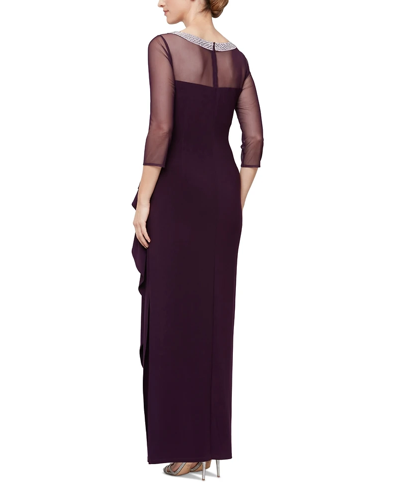 Alex Evenings Petite 3/4-Sleeve Illusion Ruffled Gown