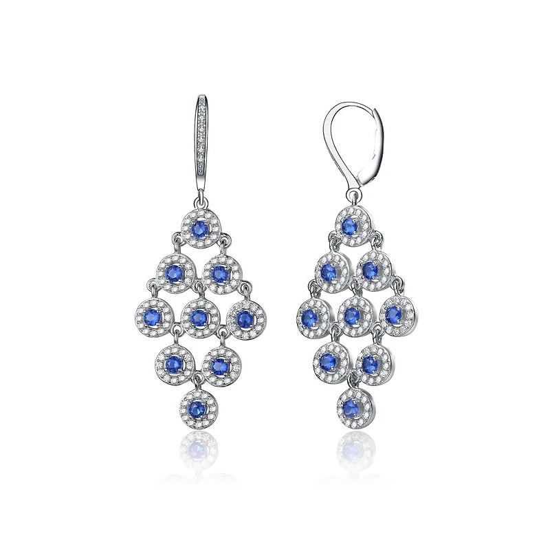 Cubic Zirconia Sterling Silver Rhodium Plated Blue Round Chandelier Earrings