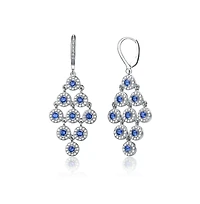 Cubic Zirconia Sterling Silver Rhodium Plated Blue Round Chandelier Earrings