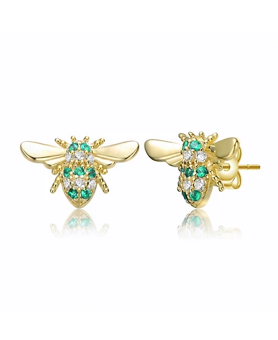 Sterling Silver Mini 7MM 14k Yellow Gold Plated with Cubic Zirconia Pave Wasp Stud Earrings