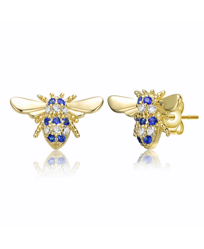 Sterling Silver Mini 7MM 14k Yellow Gold Plated with Cubic Zirconia Pave Wasp Stud Earrings