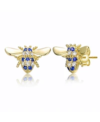 Sterling Silver Mini 7MM 14k Yellow Gold Plated with Cubic Zirconia Pave Wasp Stud Earrings