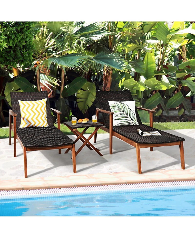 Costway 3PCS Patio Rattan Lounge Chair Chaise Set Wooden Frame Folding Table