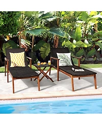 Costway 3PCS Patio Rattan Lounge Chair Chaise Set Wooden Frame Folding Table