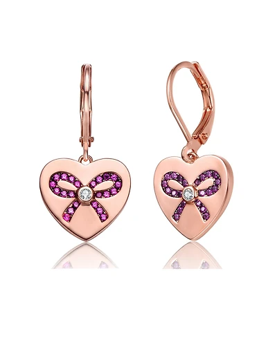 Sterling Silver with Pink Bow Heart Cubic Zirconia Leverback Earrings