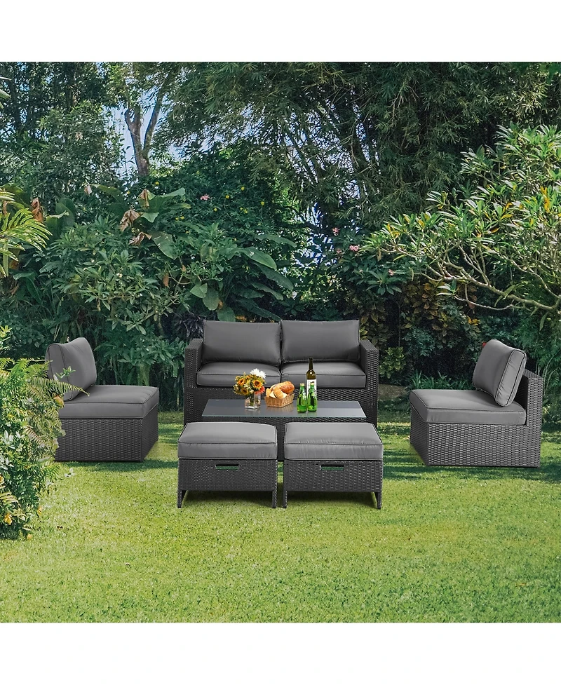 6PCS Patio Rattan Furniture Set Space Saving Cushioned Fully Assembled
