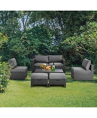 6PCS Patio Rattan Furniture Set Space Saving Cushioned Fully Assembled