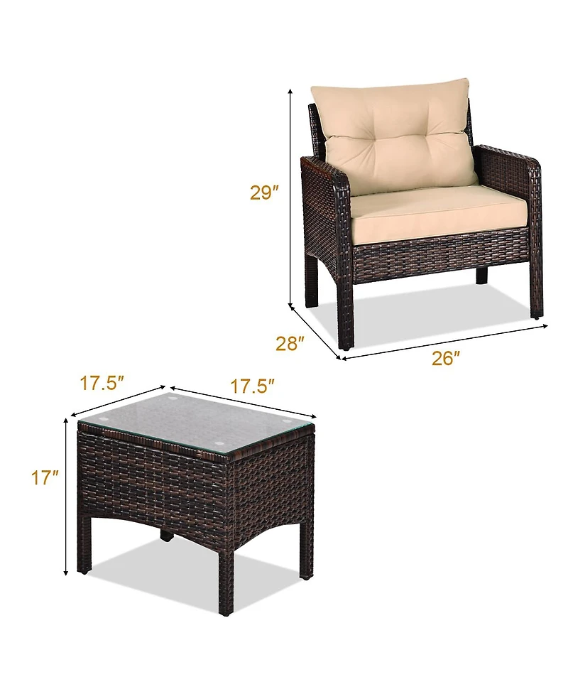 3PCS Outdoor Rattan Conversation Set Patio Furniture Cushioned Sofa Chair