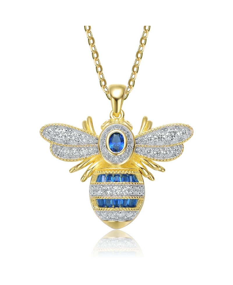 Sterling Silver 14k Yellow Gold Plated with Blue Cubic Zirconia Pave Wasp Pendant Necklace