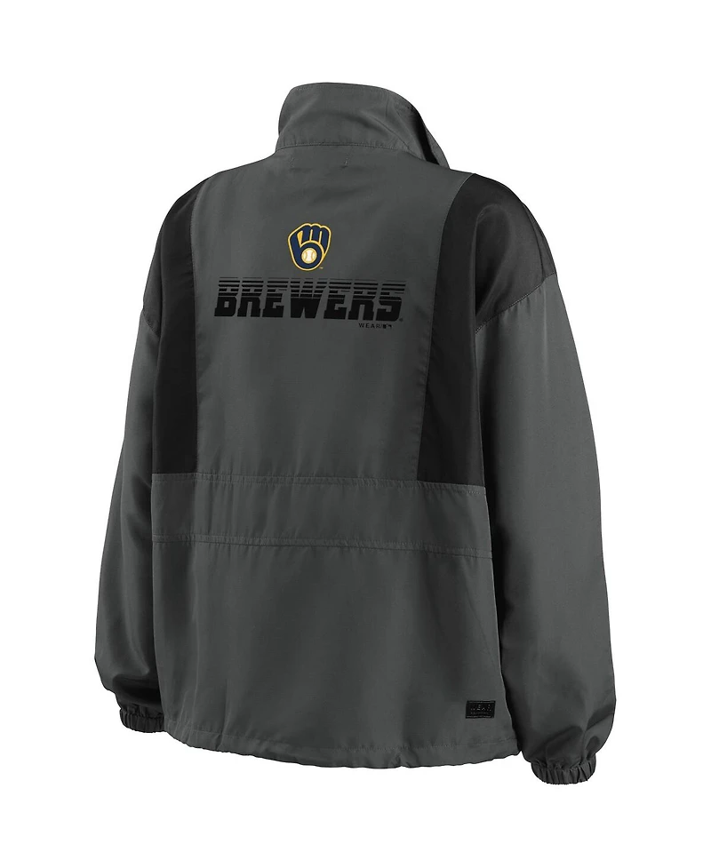 Women's Wear by Erin Andrews Charcoal Milwaukee Brewers Packable Half-Zip Jacket