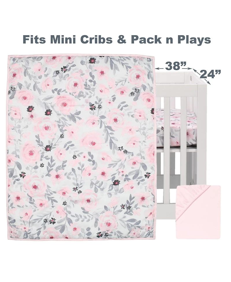 Bedtime Originals Blossom Pink Watercolor Floral 3-Piece Mini Crib Bedding Set