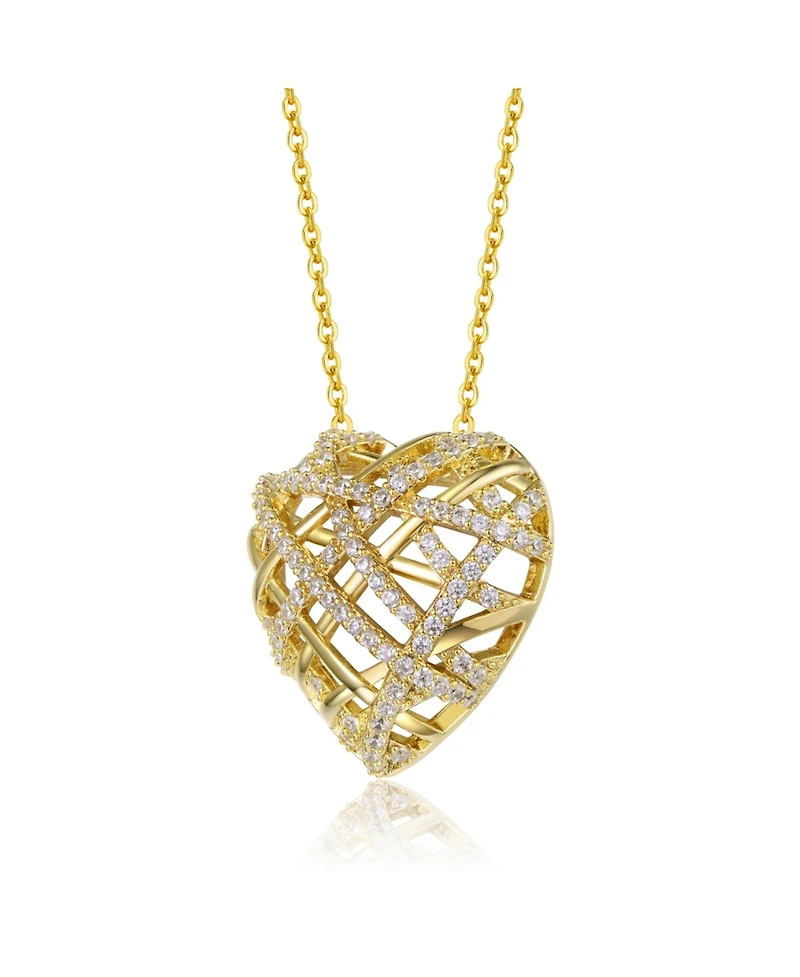 Sterling Silver 14k Yellow Gold Plated with Cubic Zirconia Knotted Ribbon 3D Puffed Heart Pendant Necklace
