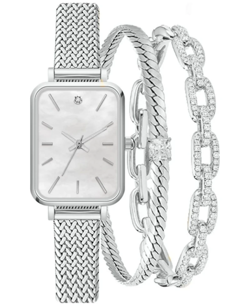 Jessica Carlyle Women's Silver-Tone Mesh Bracelet Watch 23mm Gift Set