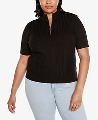Belldini Black Label Plus Mock Neck Zip Front Ribbed Short Sleeve Sweater