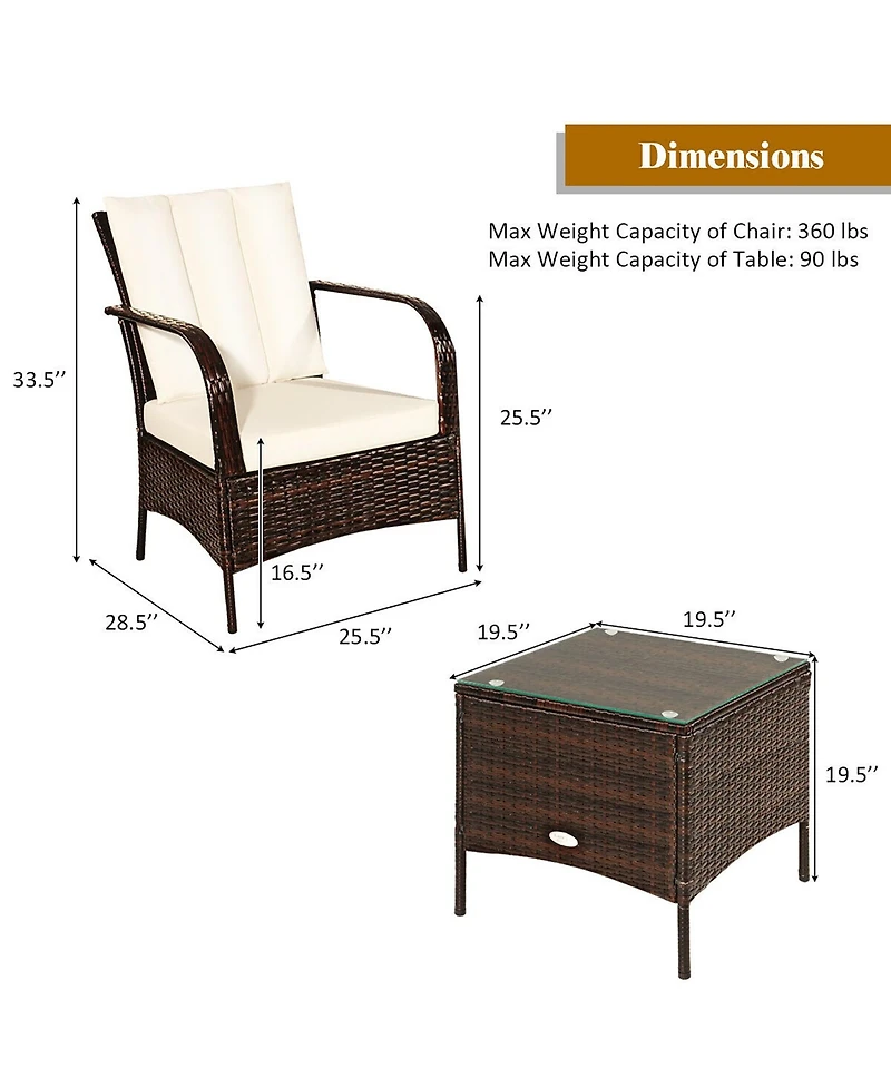 3 Pcs Patio Rattan Furniture Set Coffee Table & 2 Rattan Chair