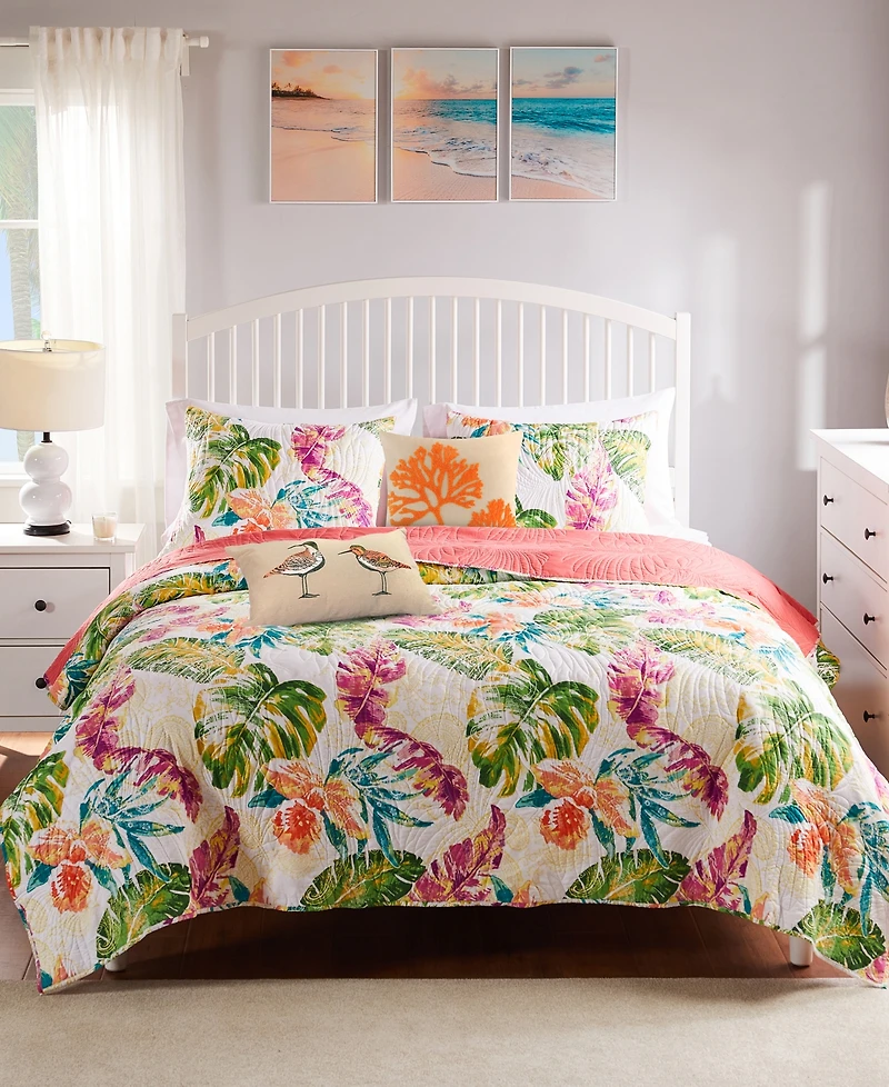 Greenland Home Fashions Tropics Coastal Palm 3 Piece Quilt Set, King/California King