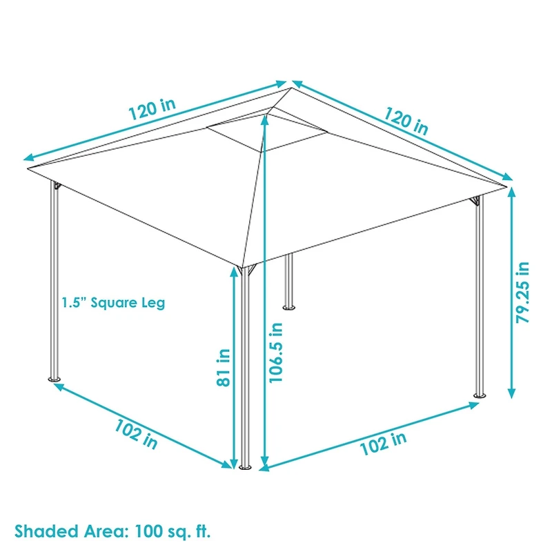 10 x 10 Foot Open Gazebo - Weather-Resistant Polyester Top and Black Steel Frame - Gray
