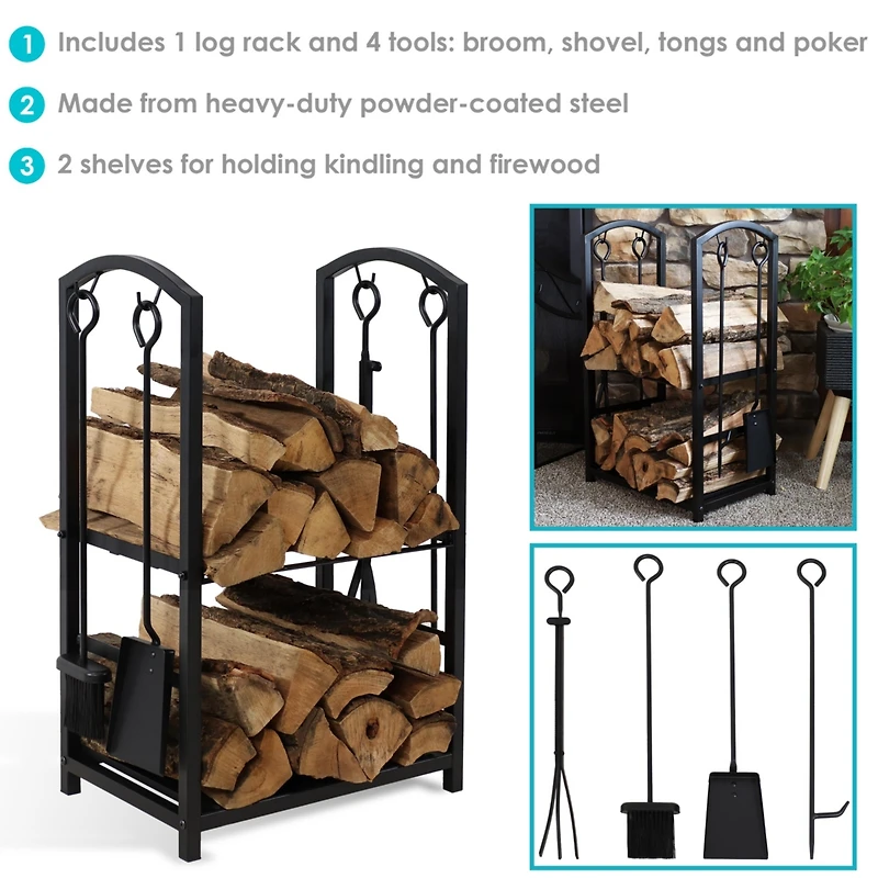 5pc Indoor/Outdoor Steel Log Holder with Fireplace Tool Set, Tongs, Poker, Shovel and Brush - Black