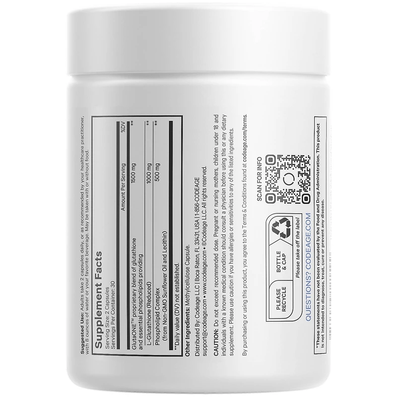 Codeage Liposomal Glutathione 1000 mg Supplement, High-Potency Reduced Glutathione - Liposomal Delivery - L-Glutathione - Phospholipids