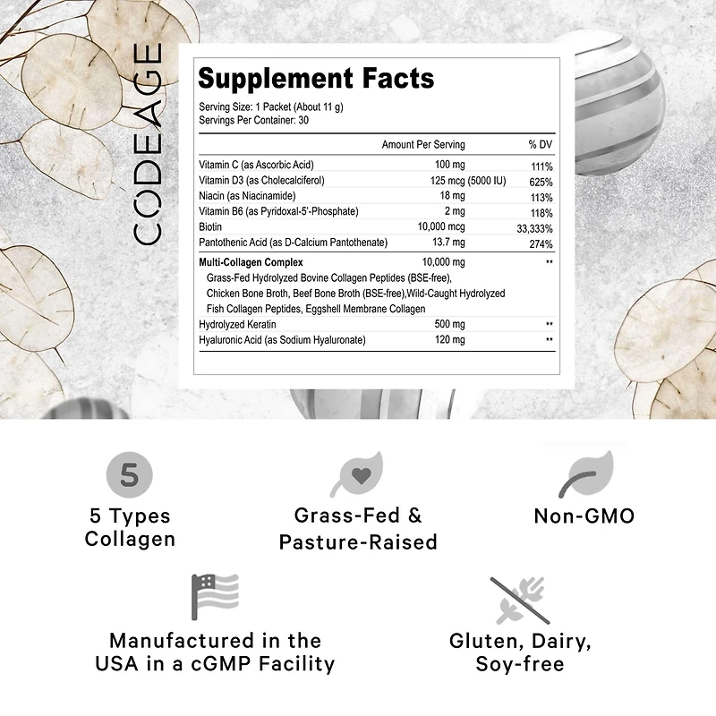Codeage Multi Collagen and Biotin 10,000 mcg + Vitamin C, B6 & D3, Keratin, Hyaluronic Acid, Niacin, 18 Amino Acids - Stick Packs Supplement