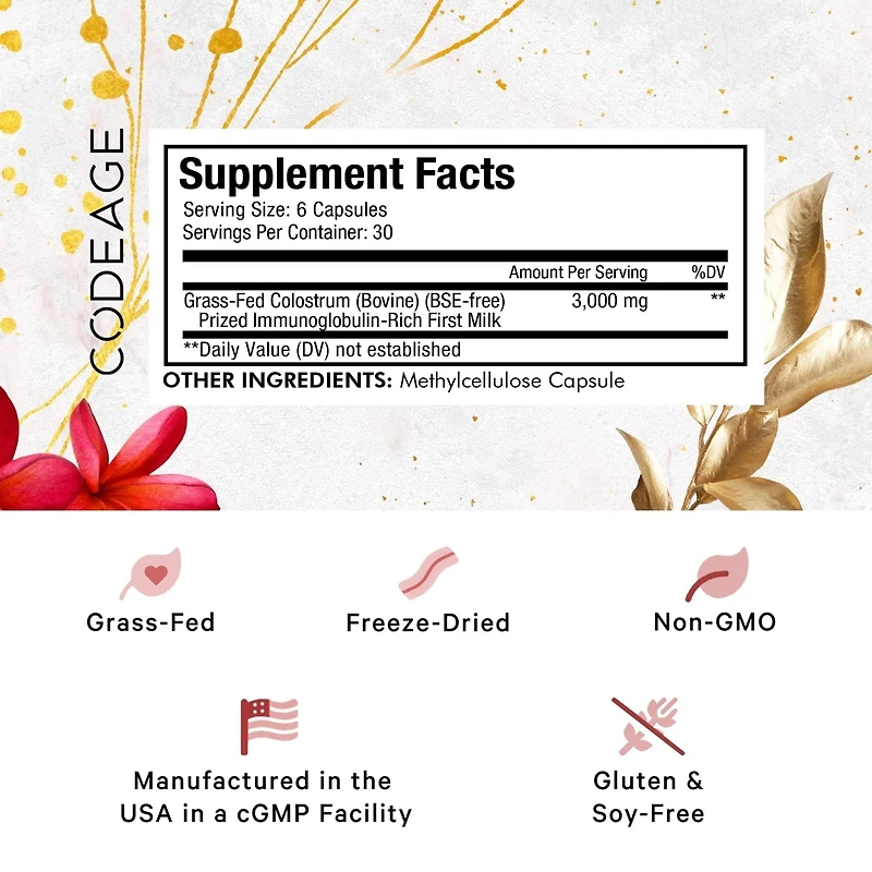 Codeage Colostrum Supplement, Grass-Fed Colostrum - Prized First Milk - Grass-Finished, Freeze-Dried - Cow Colostrum