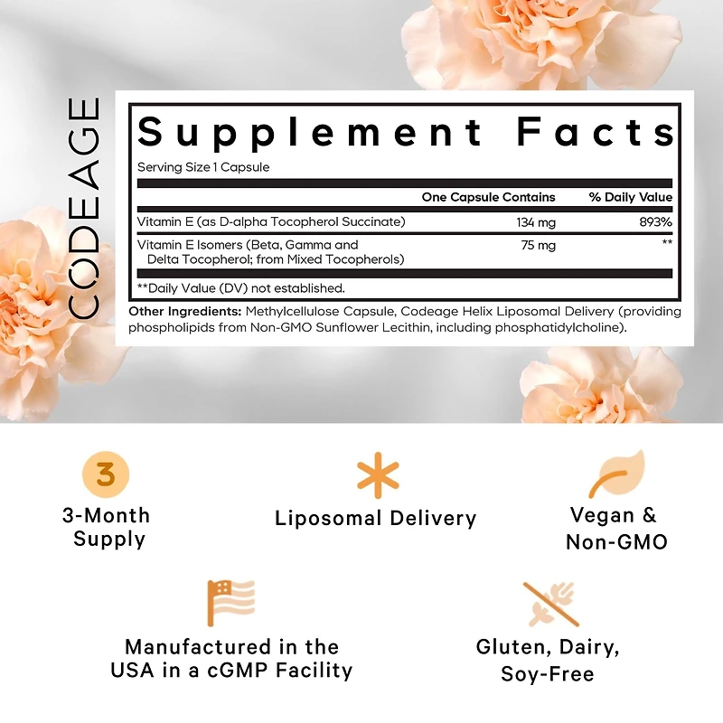 Codeage Liposomal Vitamin E Supplement - All Vitamin E Tocopherols - 3-Month Supply - Alpha Tocopherols, Beta, Gamma, and Delta