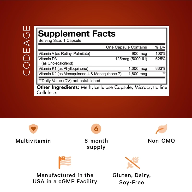 Codeage Adk Vitamins Supplement - Essential Vitamin A, Vitamin D3 5000 Iu, Vitamin K1 & K2 (MK4 & MK7) - 6-Month Supply