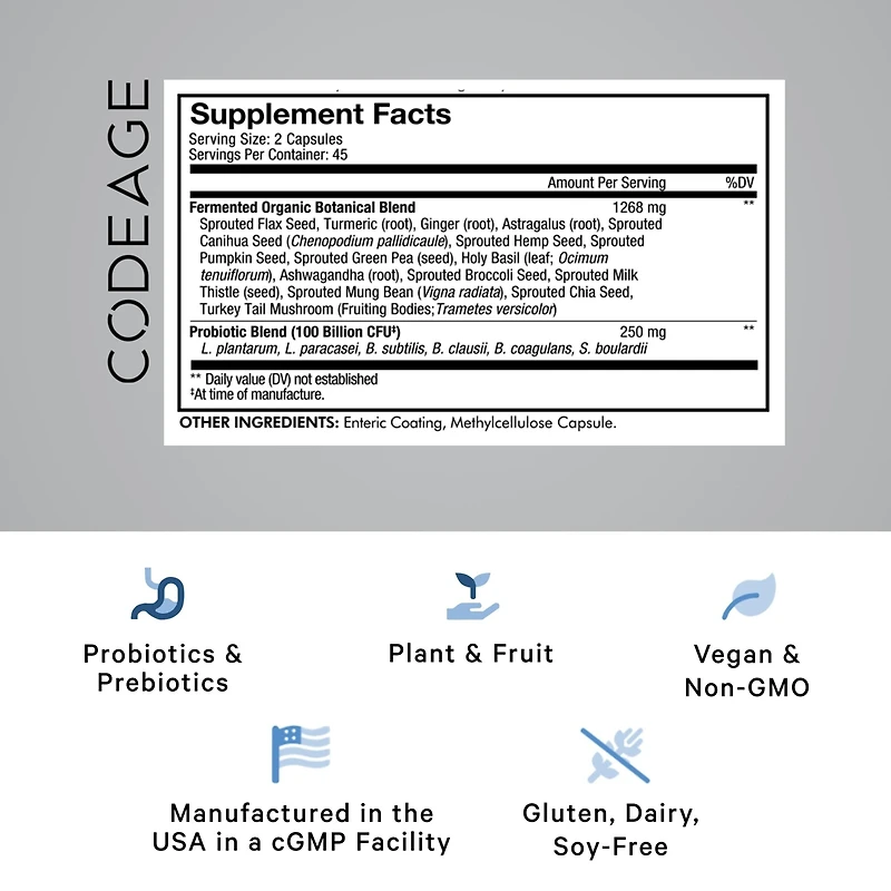 Codeage Sbo Probiotics, 100 Billion CFUs Per Serving, Multi Strain Soil Based Organisms Blend and Organic Fermented Botanical Blend, Shelf-Stable, 90