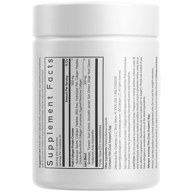Codeage Multi Collagen Protein + Joint Blend Supplement, Hyaluronic Acid, Bromelain, Turmeric, Ginger, Boswellia, Astaxanthin
