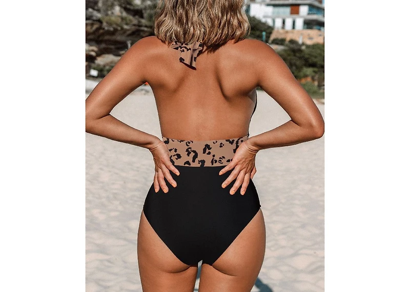 Cupshe Women's Cheetah Plunge Halter Shirred One Piece Swimsuit