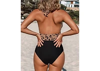 Cupshe Women's Cheetah Plunge Halter Shirred One Piece Swimsuit