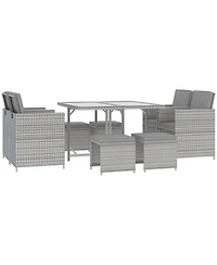 Outsunny 9-Piece Outdoor Pe Rattan Wicker Patio Dining Set, Cushions, 4 Armchairs, 2 Easy-Store Ottoman Footrests, 1 Tempered Glass Center Coffee Tabl