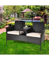 Costway Patio Rattan Conversation Set Loveseat Sofa Cushioned Coffee Table