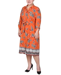 Ny Collection Plus 3/4 Roll Tab Sleeve Belted Shirtdress